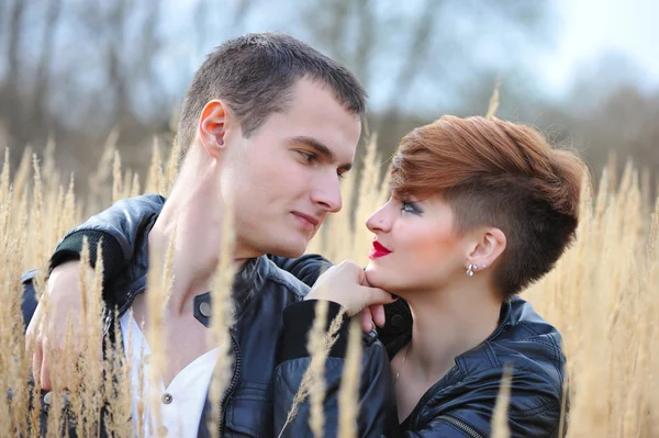 Loving couple on the autumn field — Stock Photo, Image