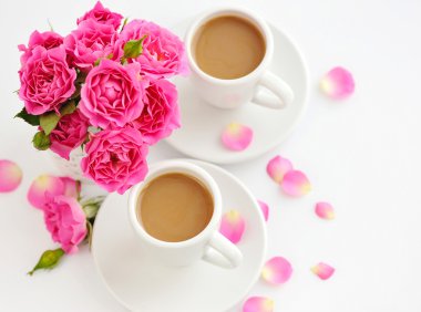 İki fincan kahve ve pembe güller beyaz zemin üzerine