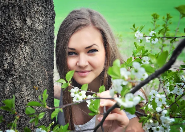 Güzel bir kadın arasında Bahar çiçeği — Stok fotoğraf