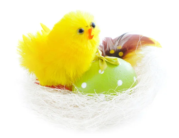 复活节蛋和鸡在白色背景上的巢 — 图库照片