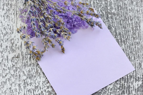 Flores secas de lavanda y papel en blanco vacío sobre fondo de madera — Foto de Stock