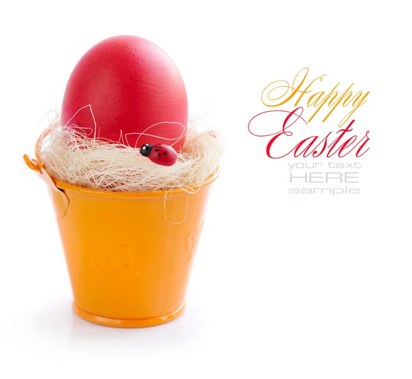 Κόκκινο αυγό Πάσχας σε διακοσμητικά κουβά σε λευκό φόντο (με δείγμα κειμένου) — Φωτογραφία Αρχείου