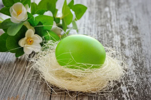 Huevo verde de Pascua está en un nido sobre un viejo fondo de madera — Foto de Stock