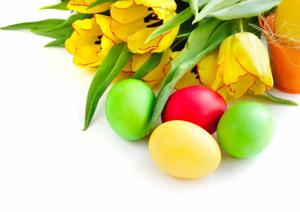 Ovos de Páscoa com tulipas no fundo branco — Fotografia de Stock