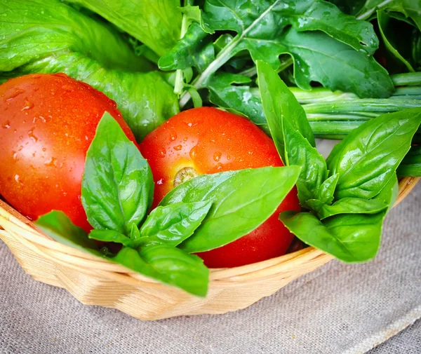 Färska grönsaker och grönska är i en korg — Stockfoto