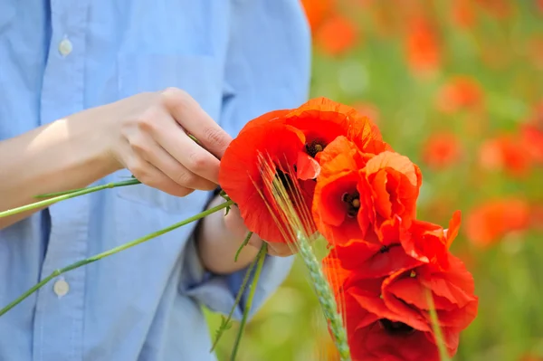 Her hands weave of flowers, wreath. On the field — Stock Photo, Image