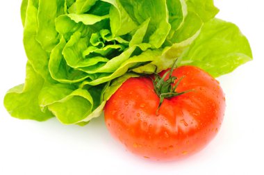 taze domates ve yeşil salata beyaz zemin üzerine izole