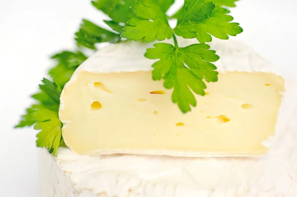 Τυρί καμαμπέρ με ένα μαϊντανό που απομονώνονται σε λευκό — Φωτογραφία Αρχείου