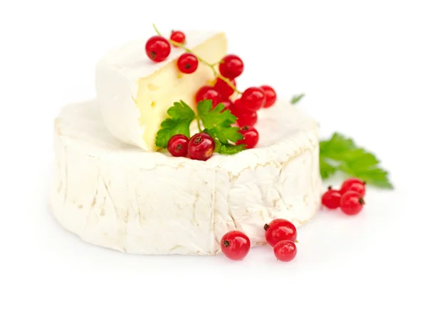 Camembert cheese with red currants and parsley isolated on white — Stock Photo, Image