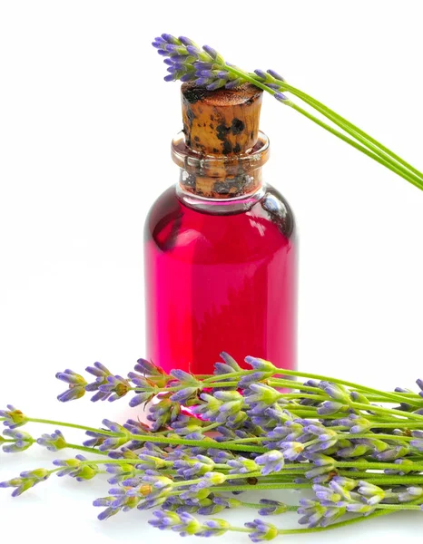 Aromaolja med lavendel blommor på vit bakgrund — Stockfoto