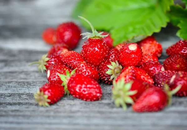 Frische Walderdbeeren auf einem alten Holztisch — Stockfoto