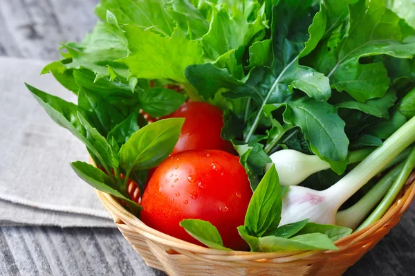 Fresh vegetables and greenery are in a basket — Stock Photo, Image