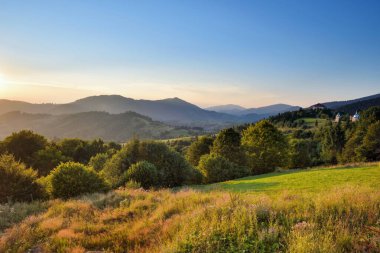 Fantastik gün batımı ve güneş ışığında parlak çimenler. Carpathian, Ukrayna, Avrupa.