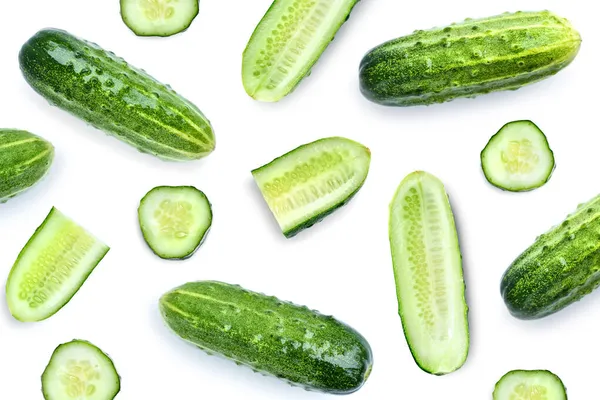 Komkommer Instellen Geïsoleerd Witte Achtergrond Bovenaanzicht Plat Lag Patroon — Stockfoto