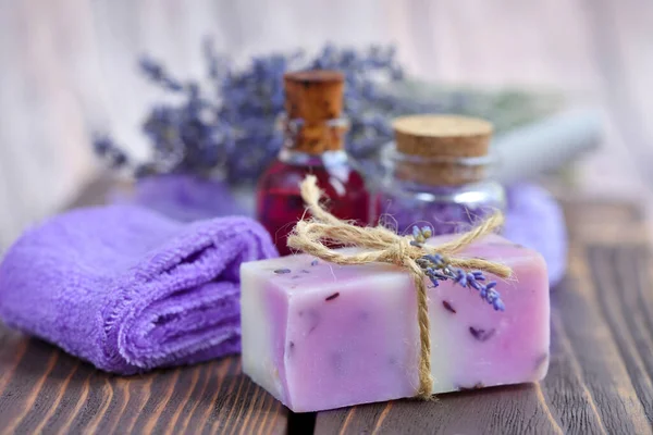 Lavender Spa Products Wooden Table Body Care Products Lavender Soap — Stock Photo, Image