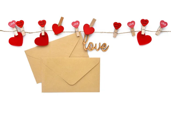 Wooden Clothespins Hearts Envelopes Word Love Hanging Linen Cord Concept — Stock Photo, Image