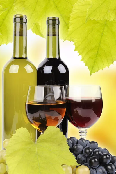 Wine bottle, glass and grapes — Stock Photo, Image