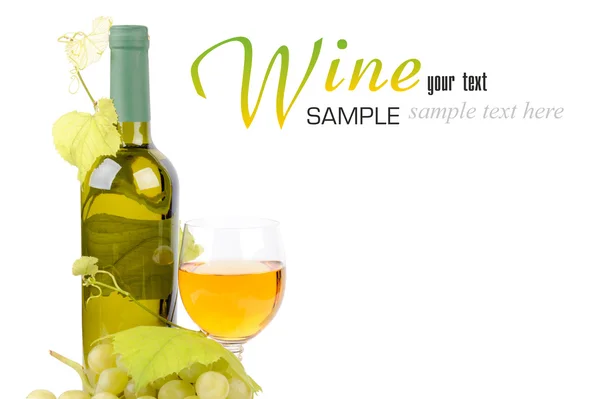 Butelka wina, szkło i winogrona — Zdjęcie stockowe