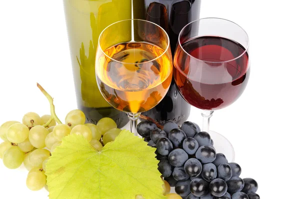 Wine bottle, glass and grapes — Stock Photo, Image