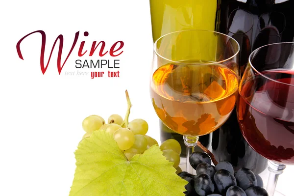 Wine bottle, glass and grapes — Stock Photo, Image