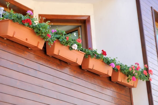 Romantischer Balkon voller Blumen — Stockfoto