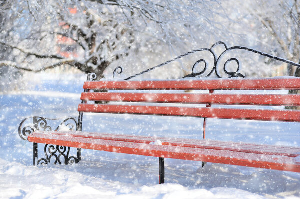 Bench in winter park, snow falls, outdoor