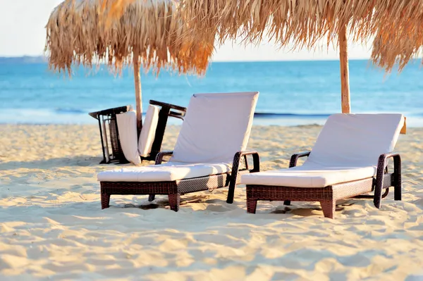 Dos sillas de playa con sombrilla blanca —  Fotos de Stock