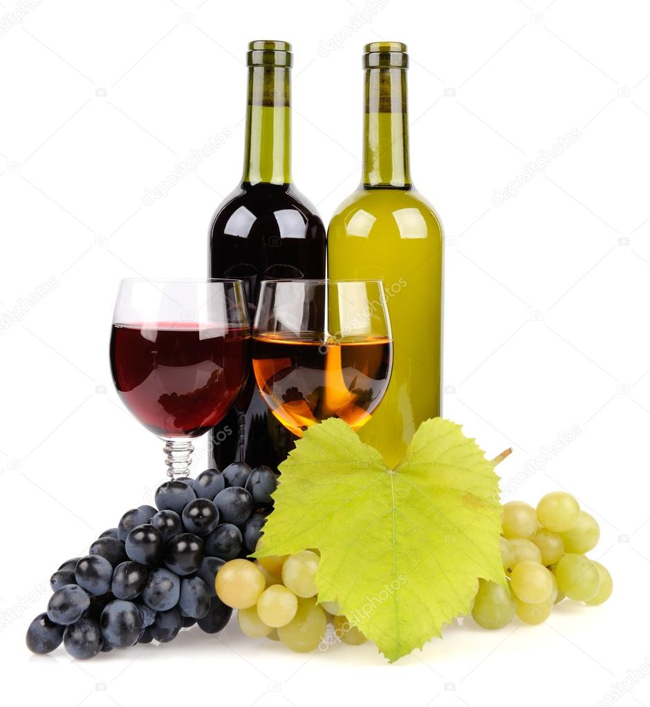 Wine bottle, glass and grapes