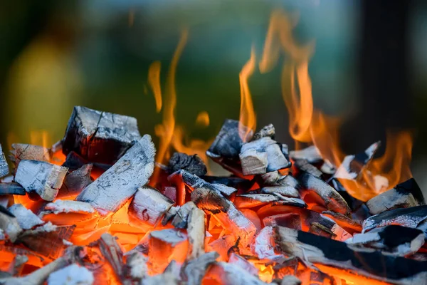 Primer Plano Barbacoa Parrilla Con Brillantes Llameantes Briquetas Carbón Caliente — Foto de Stock