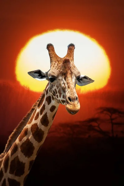 Portrait Girafe Africaine Beau Coucher Soleil Orange Dans Parc National — Photo