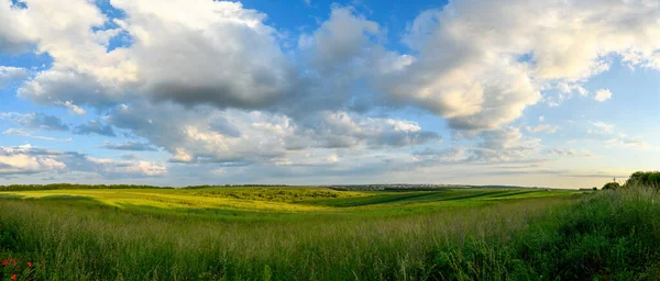Campo Perfecto Hierba Verde Con Cielo Azul Nubes Blancas — Foto de Stock