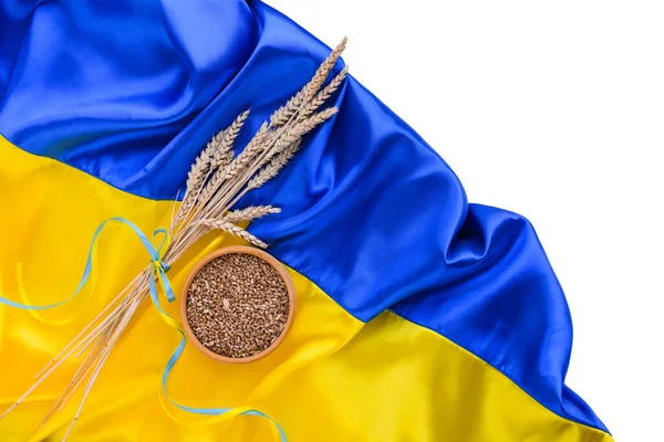 Gewebefahne Der Ukraine Mit Weizendornen Blaue Und Gelbe Leuchtende Farben — Stockfoto