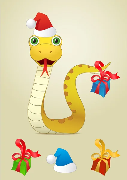 Snake in the new year and Christmas present yellow and — Stock Vector
