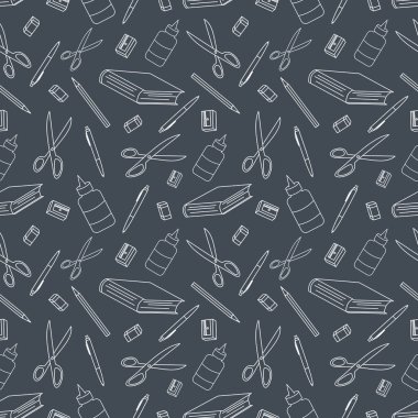 Vector doodle okul kırtasiyesi. Kitaplar, ders kitapları, kalemler, kalemler, yapıştırıcı, silgi, bileyici, makas.... 