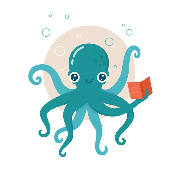 Cartoon Vector Schattige Octopus Met Boek Illustratie Leesbibliotheek Lezer — Stockvector