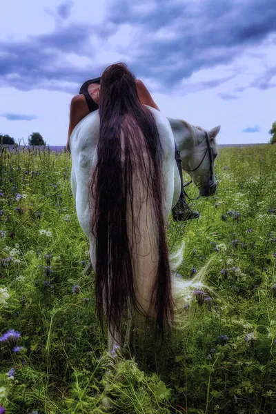 Den Vackra Kvinnan Som Ligger Hästens Rygg Har Hår Länge — Stockfoto