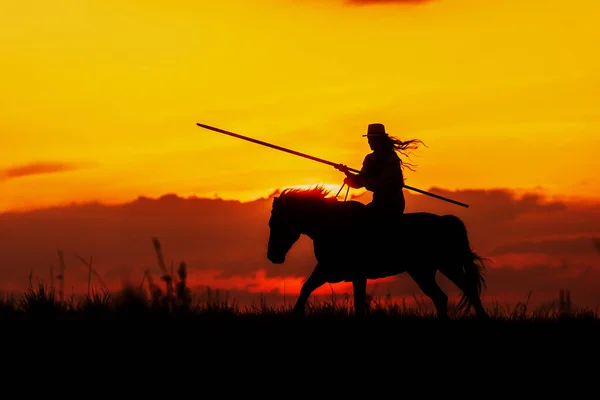 Frau Und Pferd Mit Langem Speer Gegen Den Sonnenuntergang — Stockfoto