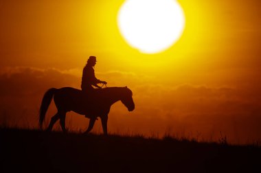 Şapkalı bir kadının silueti. Kafasında güneş olan bir ata biniyor.