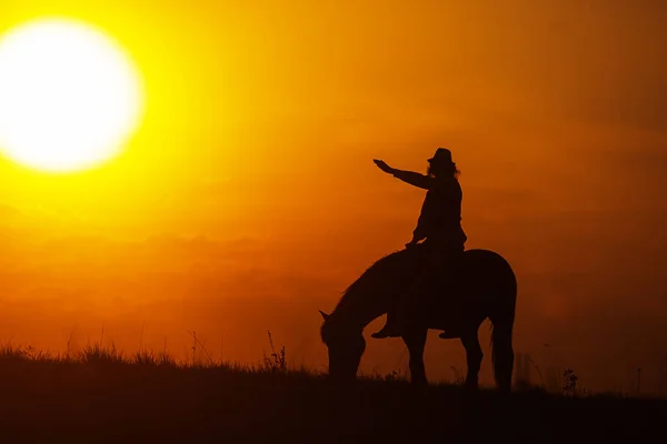 Silhouette Einer Frau Auf Einem Pferd — Stockfoto