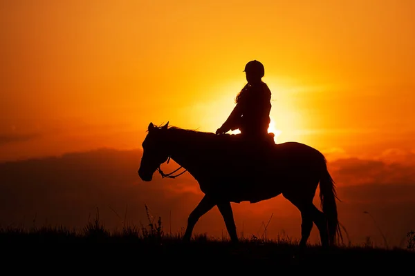 Dunkle Silhouette Einer Reiterin Die Den Sonnenuntergang Läuft Und Die — Stockfoto