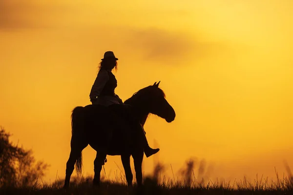 Silhueta Uma Mulher Montando Cavalo Pôr Sol — Fotografia de Stock