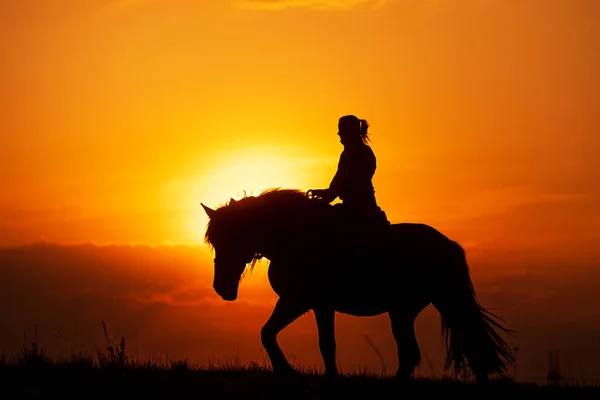 Silhueta Uma Mulher Montando Cavalo — Fotografia de Stock