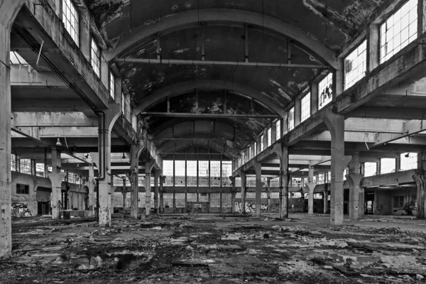 mounting workshop in an old factory, black and white