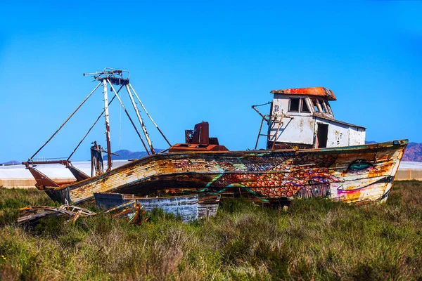 草で覆われた陸の漁船の難破船 — ストック写真