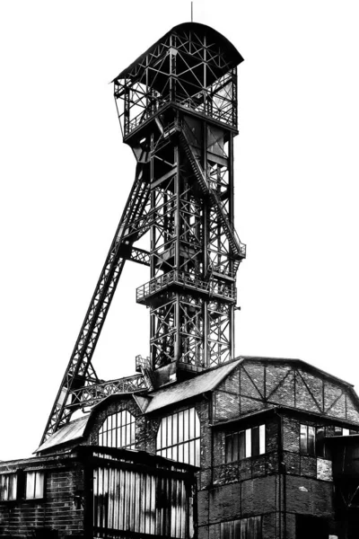 Silueta Hornické Věže Černobílé Barvě Vysokým Kontrastem — Stock fotografie