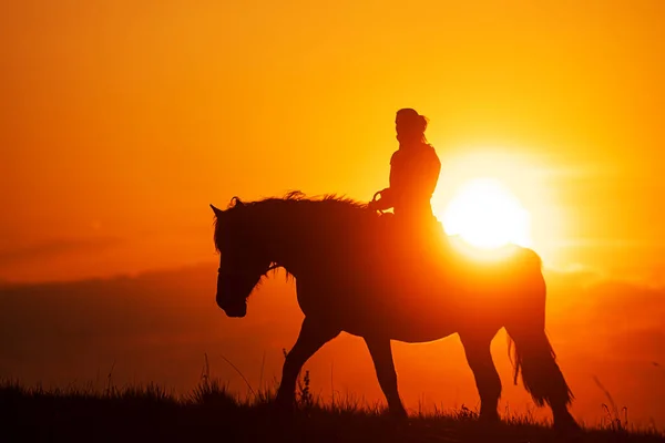 Силуэт Женщины Верхом Лошади Заходящим Солнцем — стоковое фото