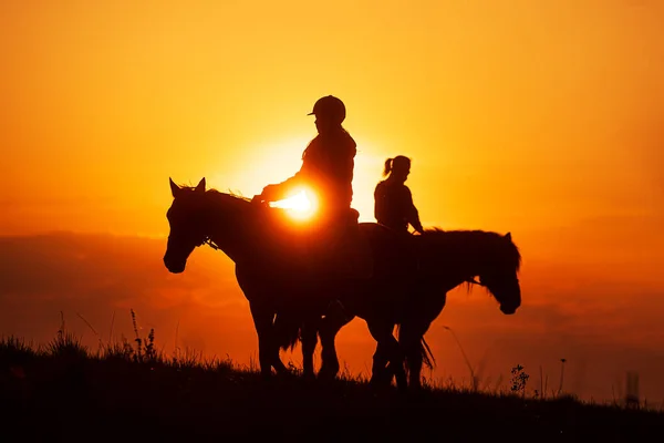 Silueta Una Mujer Montando Caballo Con Sol Poniente — Foto de Stock