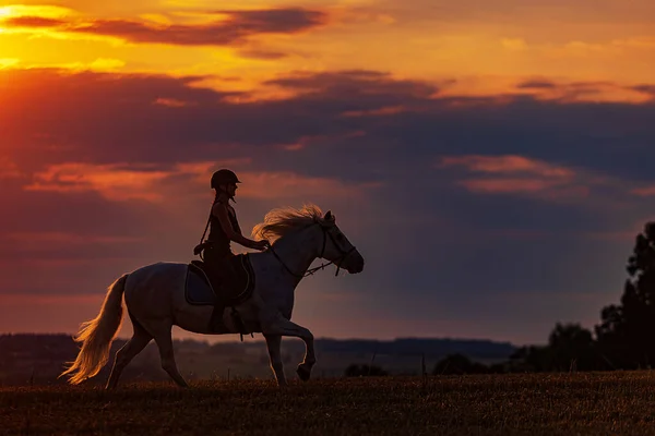 Young Woman Galloping Horse Sunset — Stockfoto