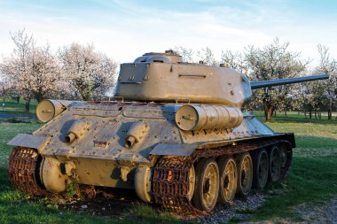 Old tank in green meadow