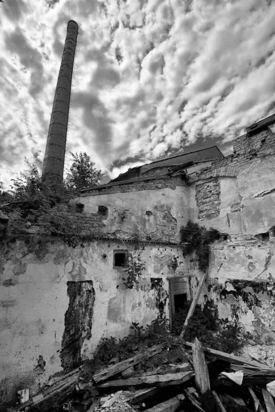 Black White Old Abandoned Factory Urban — 图库照片